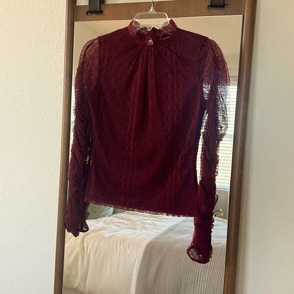 Express Burgundy Lace Rouched Long Sleeve Blouse - Picture 1 of 2